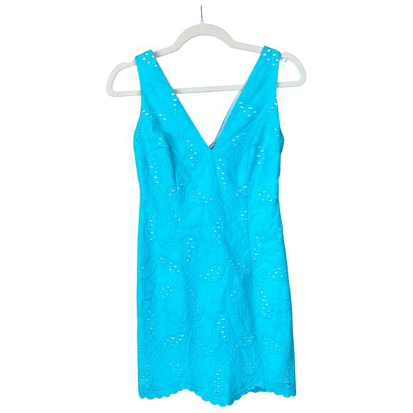 LILLY PULITZER Madden Dress Jumno Pattern Petal Eyelet Shorefly Blue Size 00 - Picture 1 of 7